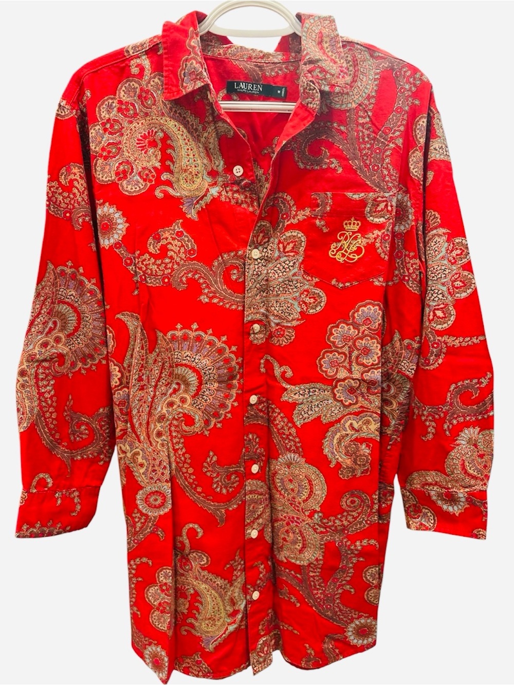 Lauren Ralph Lauren Black Label Red Paisley Button-Up Night Shirt Size Medium